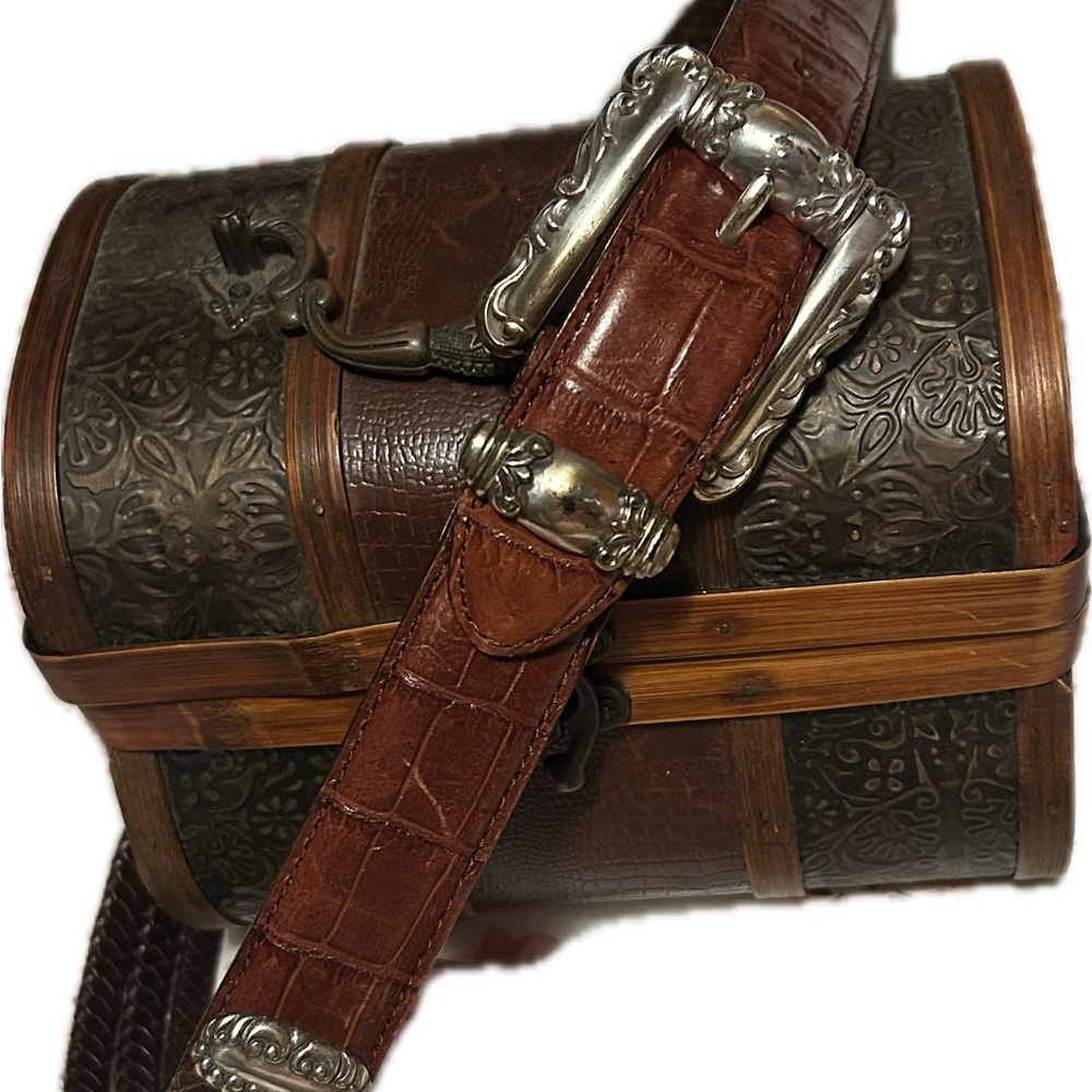 Brighton Croc-Embossed Leather Belt with Silver Accents